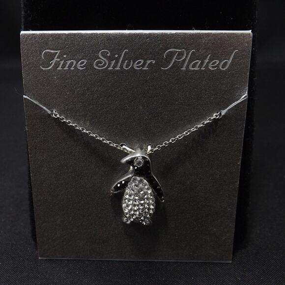 Penguin Necklace, Silver Plated, Clear & Black Rhinestones, NWT, 18 Inches - Picture 4 of 8